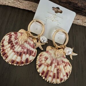 Gold and Cream Sea Shell Dangle Earrings